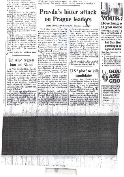 Pravda’s Bitter Attack on Prague Leaders from Edmund Stevens, Times Correspondent, Moscow, 20/8/68