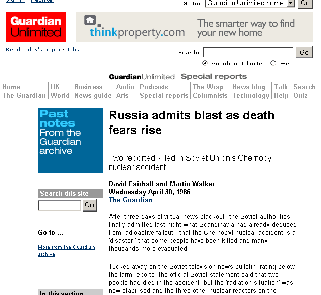 Guardian Newspaper report 1986 “Russia Admits Blast as Death Fears Rise”
