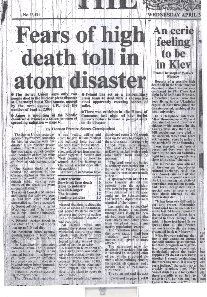 Fears of high death toll in atom disaster, by Thomas Prentice, Science Correspondent

