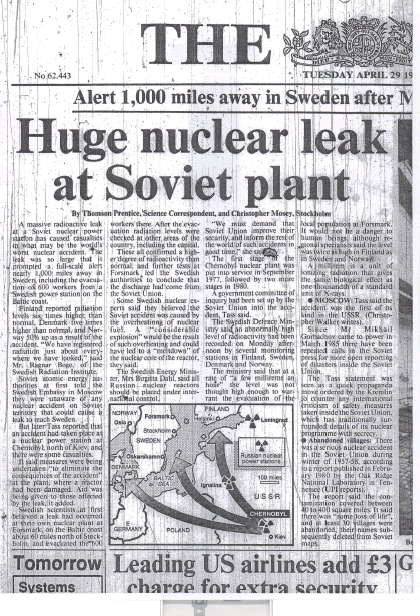 Huge Nuclear Leak at Soviet plant by Thomson Prentice, Science Correspondent and Christopher Mosey, Stockholm
