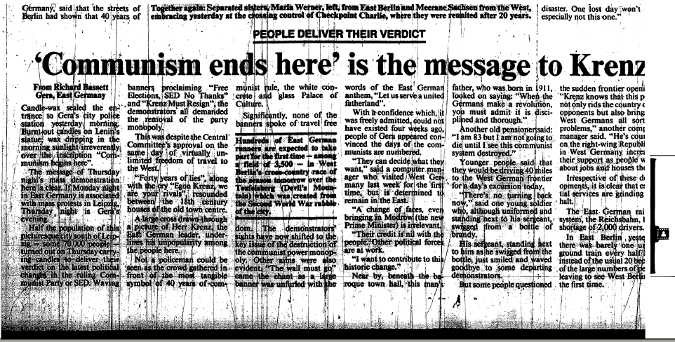‘Communism ends here’ is the message to Krenz, from Richard Bassett, Gera, East Germany ‘Communism ends here’ is the message to Krenz, from Richard Bassett, Gera, East Germany