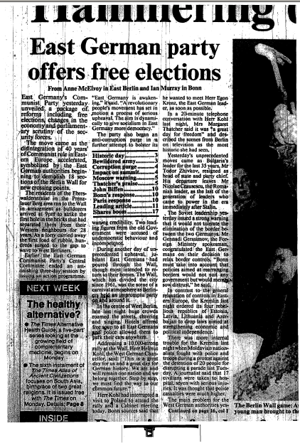 Hammering Down the Wall: East German party offers free elections, from Anne McElvoy in East Berlin and Ian Murray in Bonn Hammering Down the Wall: East German party offers free elections, from Anne McElvoy in East Berlin and Ian Murray in Bonn